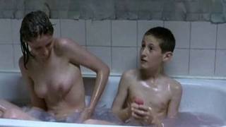 Older sister and younger brother naked in the bathroom