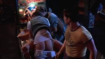 A crowd of men fucked girl in front of visitors to the bar