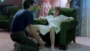 Francesca Neri blindfolded brother-sister incest threesome sex scene riding her brother with breasts exposed from Las Edades de Lulu 1990 Spanish film, explicit taboo erotic moment - img #7