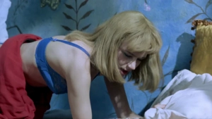 Francesca Neri blindfolded brother-sister incest threesome sex scene riding her brother with breasts exposed from Las Edades de Lulu 1990 Spanish film, explicit taboo erotic moment - img #1