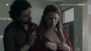 Lea Sekulic partial nudity intimate scene from Kosti series, actress distressed being touched by man. - img #1
