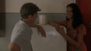 Maria Grazia Cucinotta and Giorgio Noè in a kitchen, scene from The Second Wife (1998)