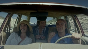 Maribel Verdú and Diego Luna and Gael García Bernal in a car, scene from Y Tu Mamá También (2001)